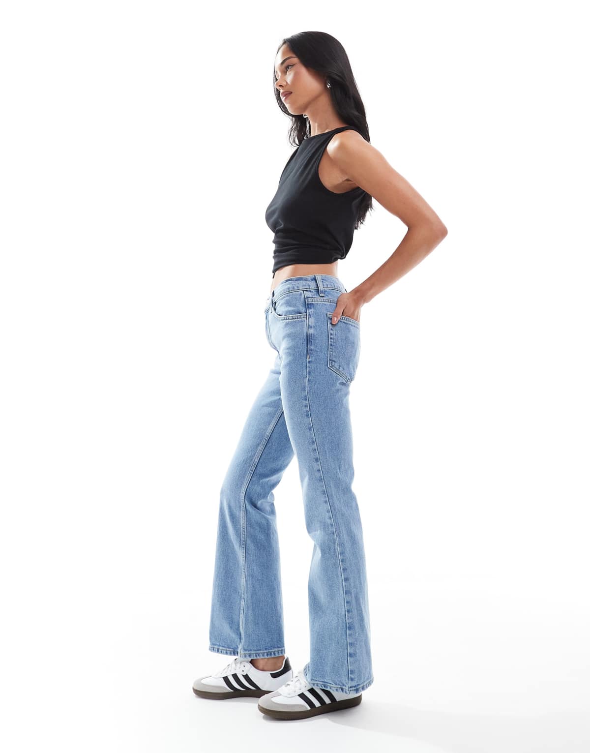 ASOS DESIGN cropped kick flare jean in mid blue