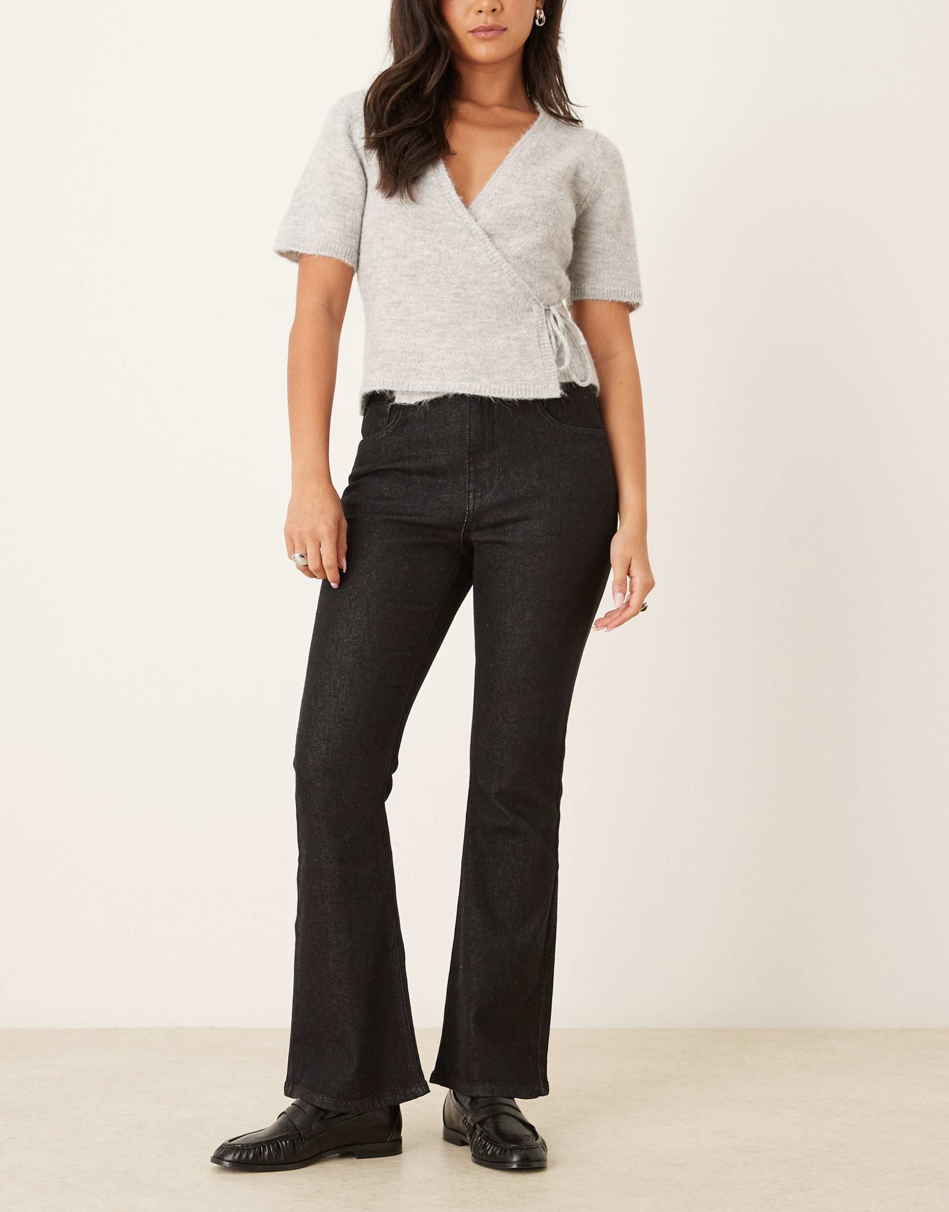 asos design cropped kick flare jeans in black ecru
