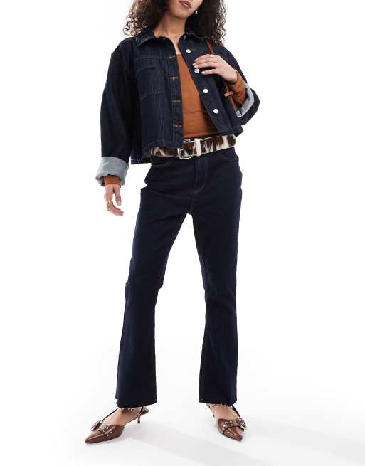 ASOS DESIGN cropped kick flare jeans with frayed hem in indigo