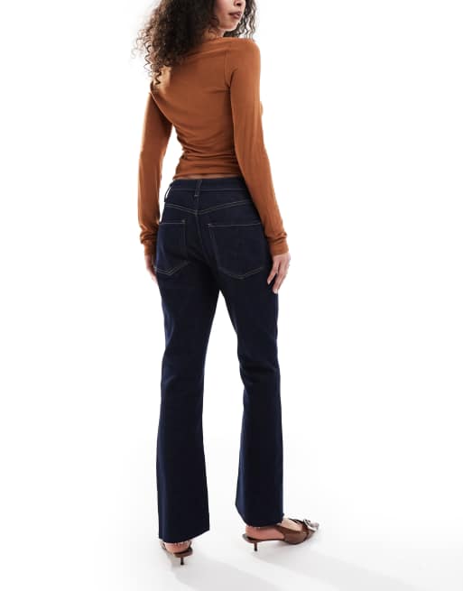 ASOS DESIGN cropped kick flare jeans with frayed hem in indigo, 3 of 5