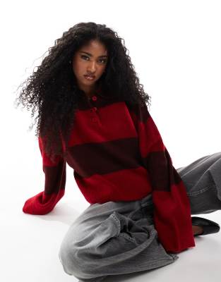 Asos Design Cropped Knit Polo Top In Red Stripe-multi