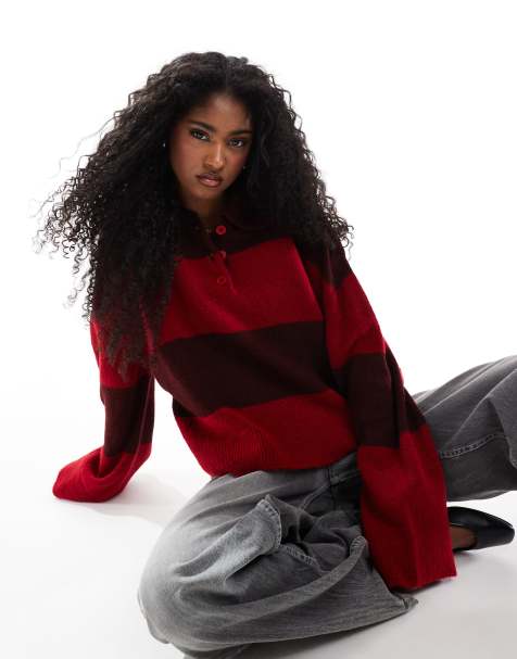 ASOS DESIGN cropped knit polo top in red stripe - view 1