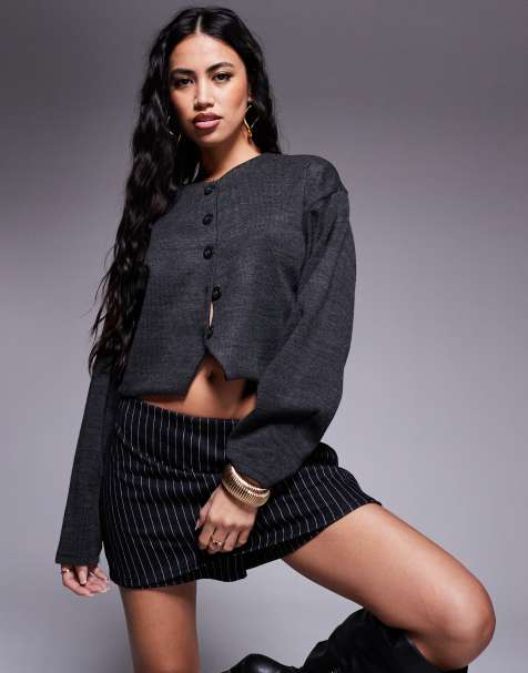 ASOS DESIGN - Cropped koksgrå cardigan-top med struktur og lange ærmer - view 1