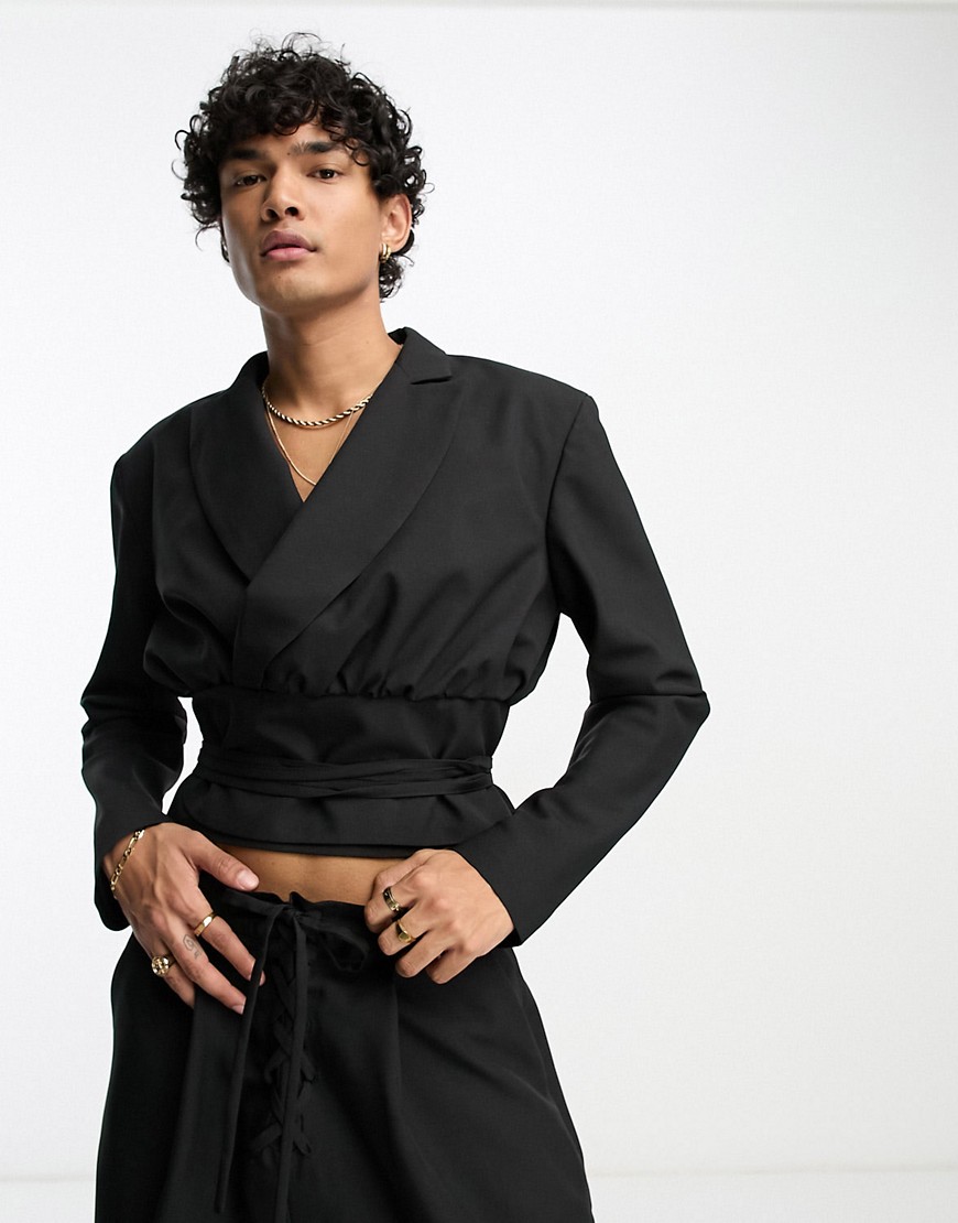 ASOS DESIGN cropped lace up suit jacket in black
