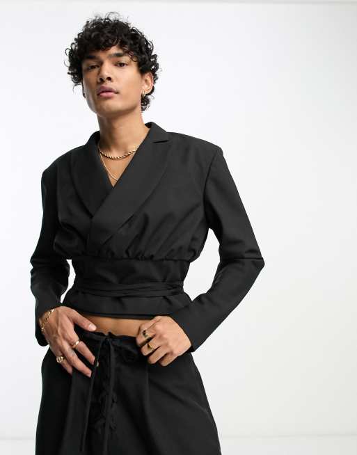 ASOS DESIGN cropped lace up suit jacket in black ASOS