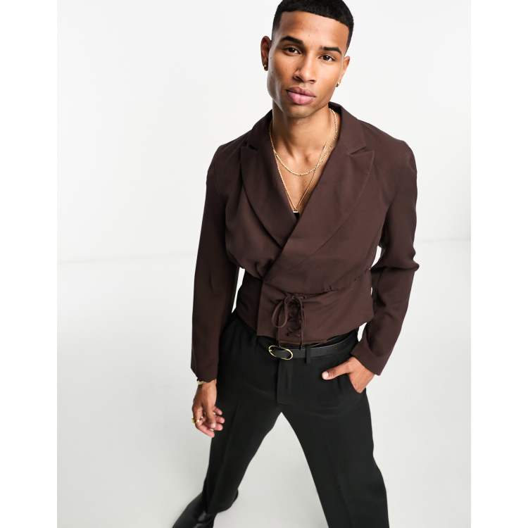 ASOS DESIGN cropped lace up suit jacket in brown | ASOS