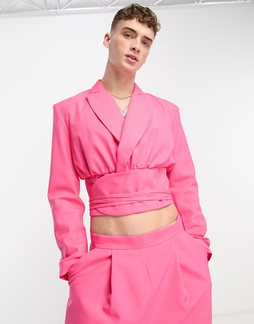 ASOS DESIGN cropped lace up suit jacket in pink