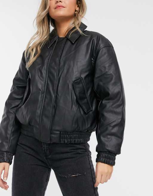 ASOS DESIGN cropped leather look bomber jacket in black ASOS