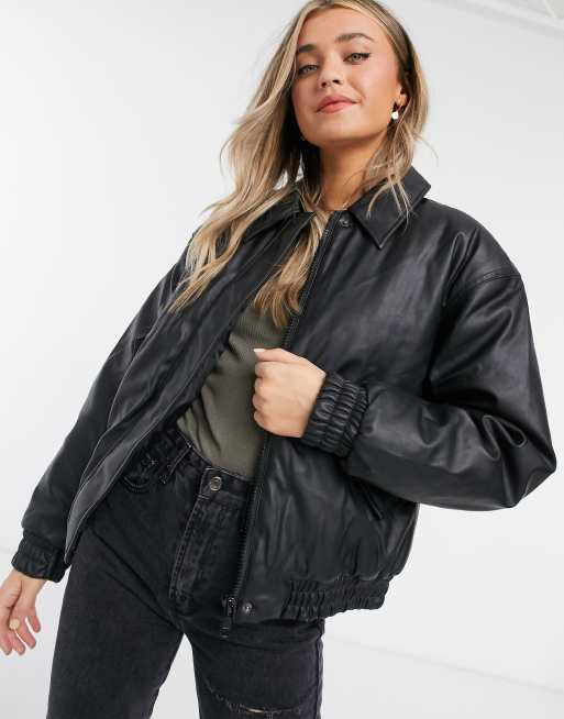 ASOS Design Leather Bomber Jacket in Black at Nordstrom, Size Medium