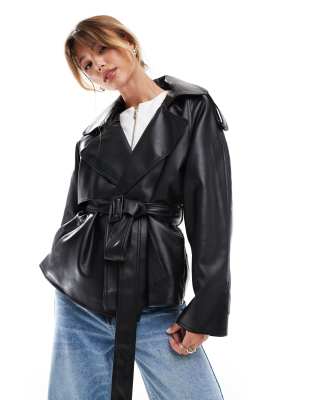 Asos Design Cropped Leather Look Trench Coat In Black