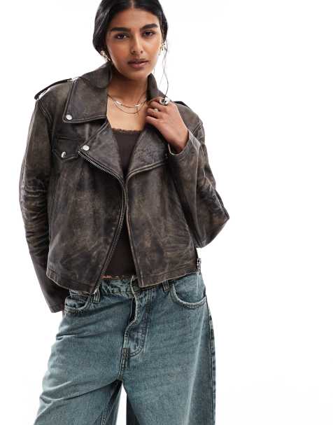 ASOS DESIGN - Cropped leren bikerjack in zwart met wassing - view 1