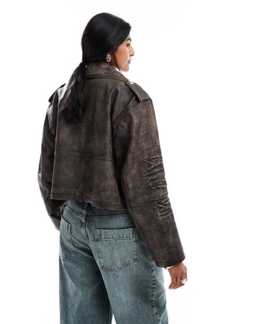 ASOS DESIGN - Cropped leren bikerjack in zwart met wassing, 4 van 4