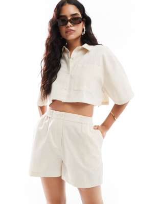 Asos Design Cropped Linen Look Shirt In Neutral - Part Of A Set