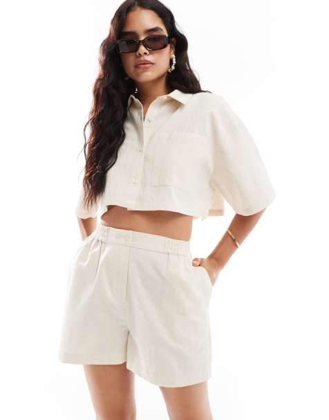 ASOS DESIGN cropped linen look shirt in neutral - part of a set - view 1