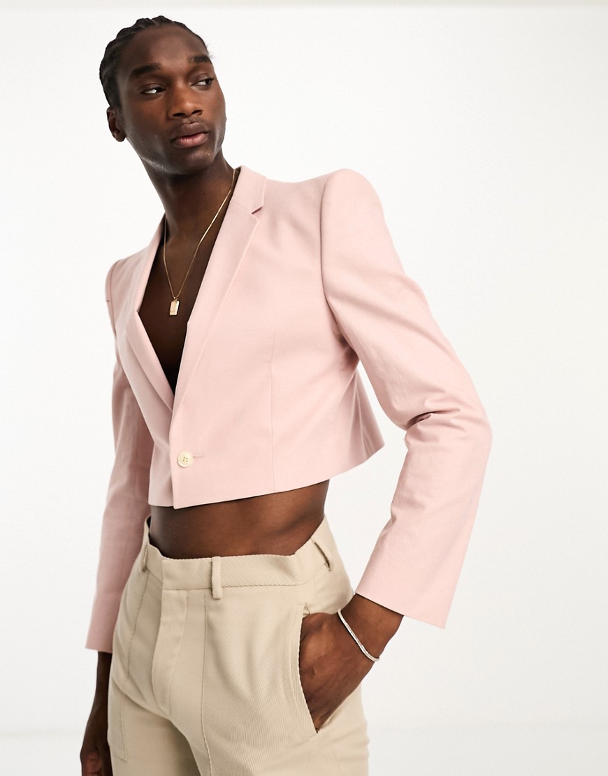 Asos Design Cropped Linen Mix Blazer With Square Shoulder In Pink