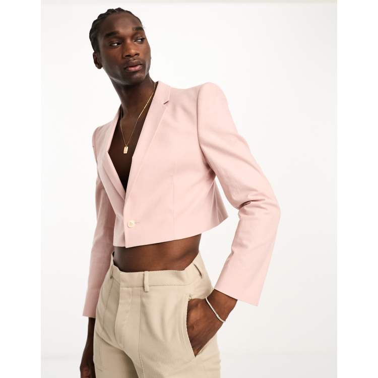 ASOS DESIGN cropped linen mix blazer with square shoulder in