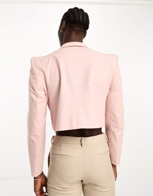 Dusty Pink Flared Pants Suit With Blazer, Padded Shoulders Blazer