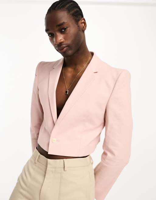 ASOS DESIGN cropped linen mix blazer with square shoulder in pink