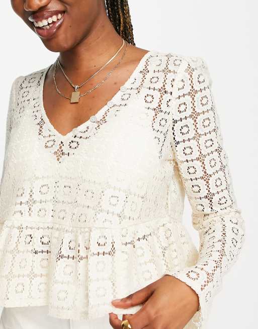 ASOS DESIGN cropped long sleeve crochet top with peplum hem in cream