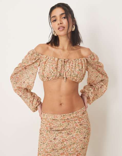 ASOS DESIGN - Cropped milkmaid-top med lange ærmer og blomstermønster - Del af sæt - view 1