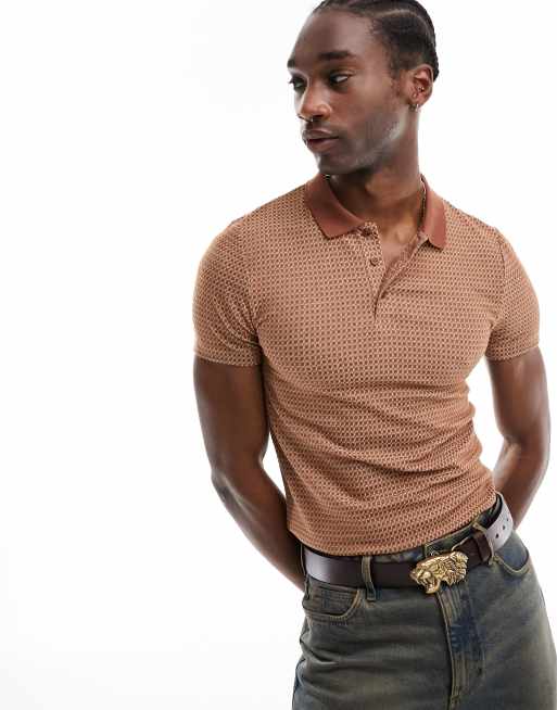 ASOS DESIGN - Cropped muscle fit polo met textuur in bruin