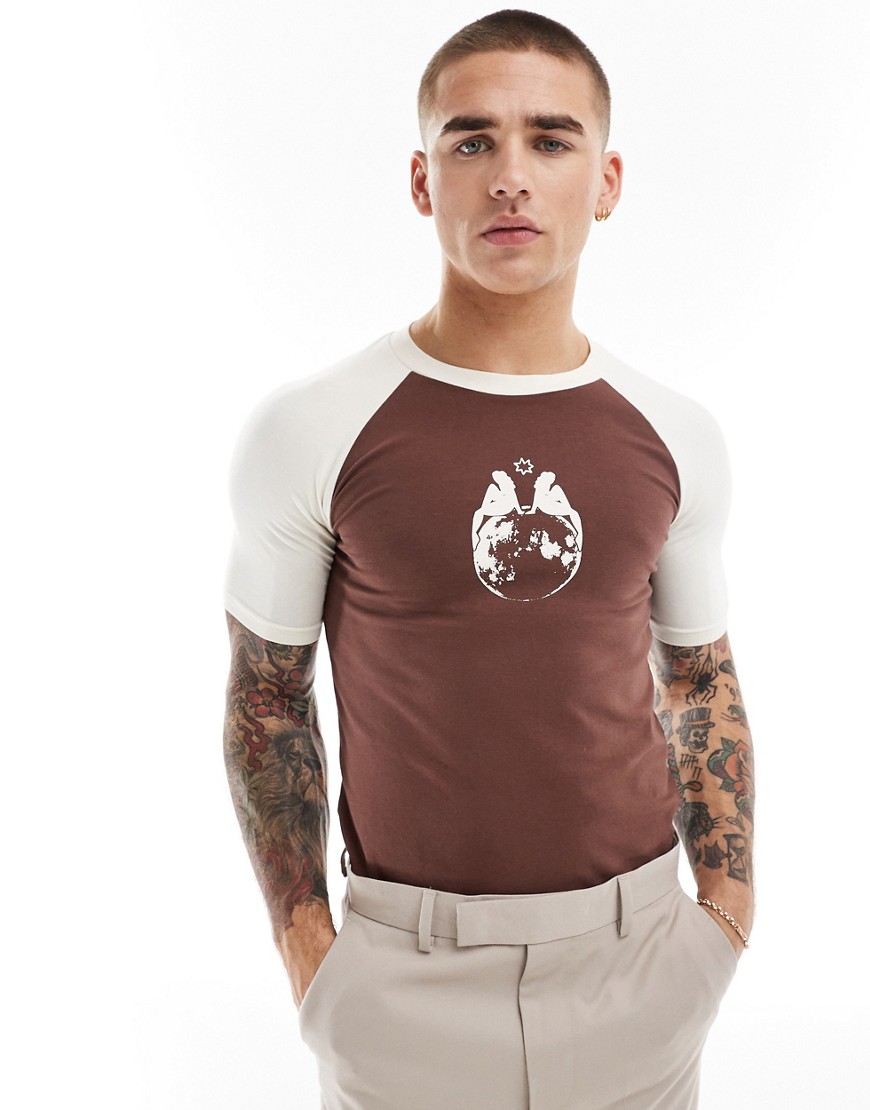 ASOS DESIGN cropped muscle fit raglan t-shirt in brown with chest print