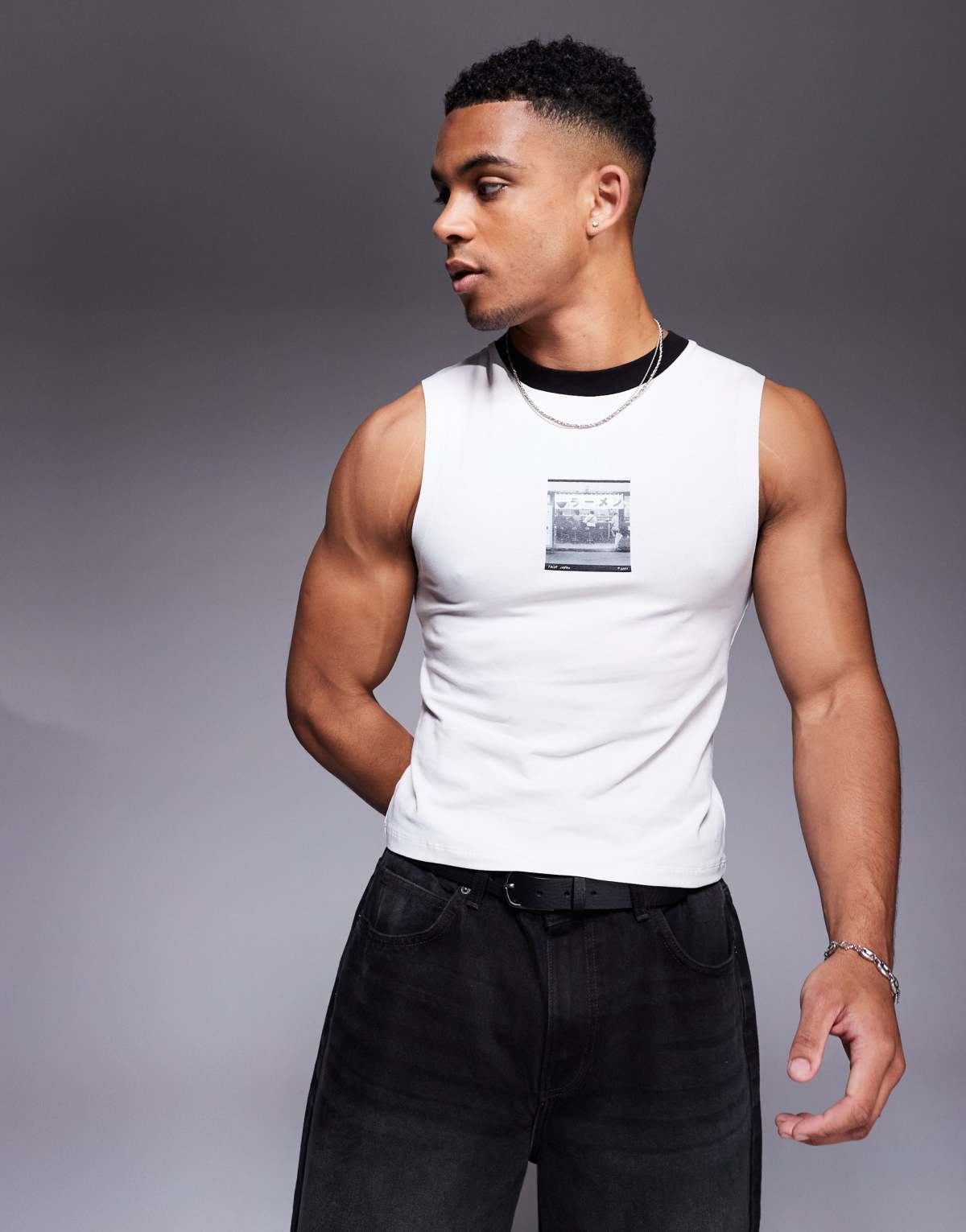 ASOS DESIGN cropped muscle fit tank with chest graphic in light grey