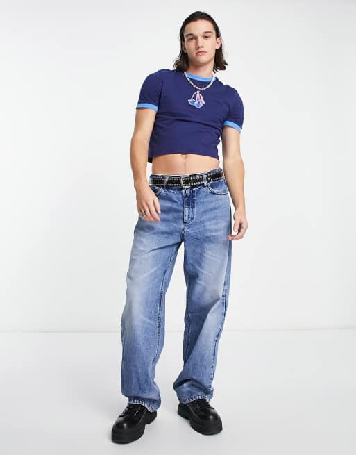 ASOS DESIGN cropped muscle ringer t-shirt in navy with cherry