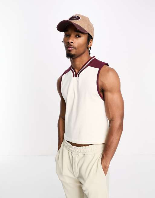 ASOS DESIGN cropped muscle singlet with colour block shoulder detail