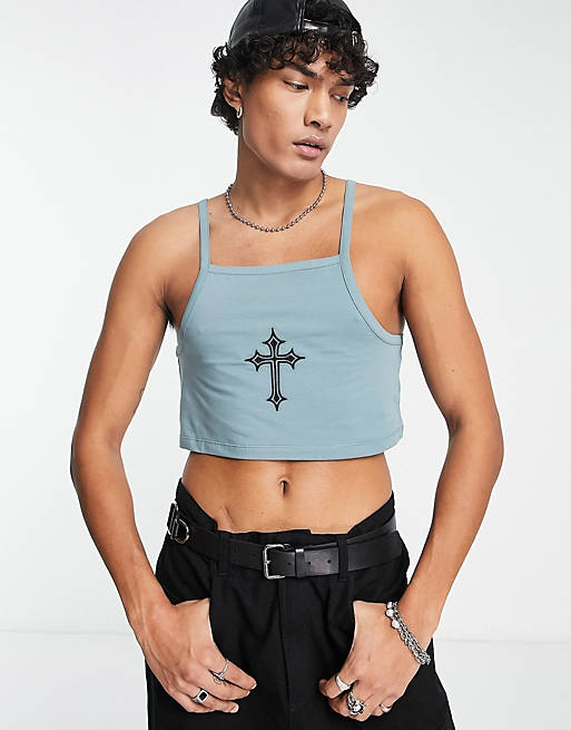 ASOS DESIGN cropped muscle strappy tank top in blue with chest embroidery