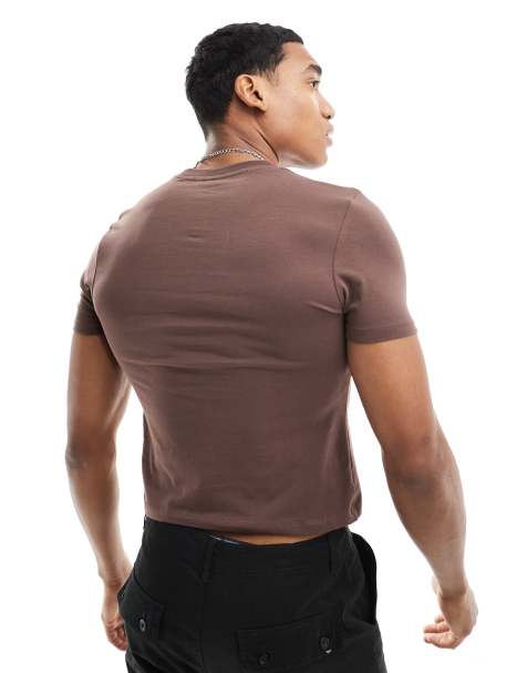 ASOS DESIGN cropped muscle t-shirt in brown with front Y2K print - view 1