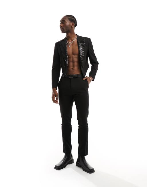 ASOS DESIGN - Cropped og sort skinny-blazer med paillet-udsmykket revers, 4 af 5
