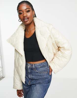 Asos Design Cropped Onion Quilted Jacket In Cream-white