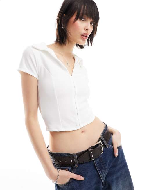 ASOS DESIGN - Cropped overhemd met haak- en oogsluiting, korte mouwen en naaddetail in wit 