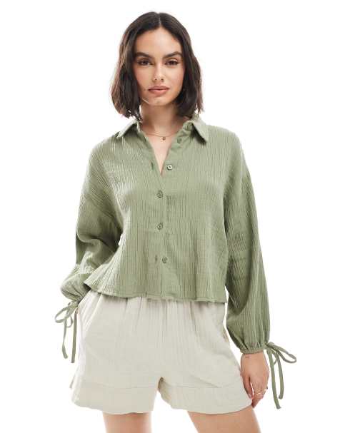 ASOS DESIGN - Cropped overhemd van katoen met textuur in kaki - view 1