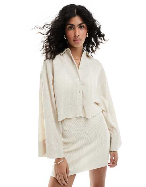 ASOS DESIGN - Cropped overhemd van kreukelstof in lichtbeige