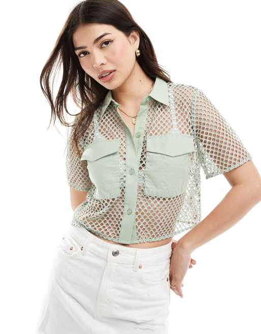 ASOS DESIGN - Cropped overhemd van mesh in saliegroen