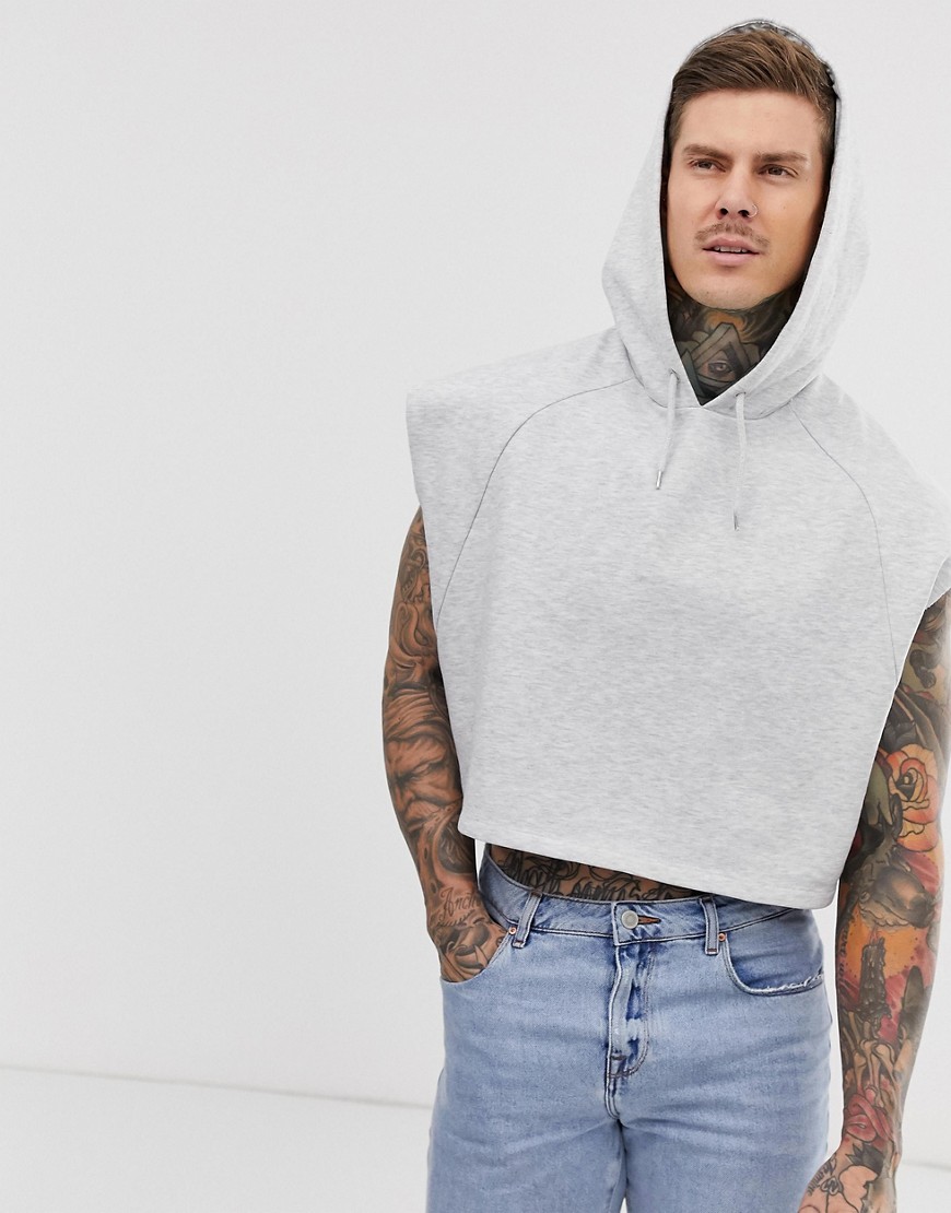 ASOS DESIGN - Cropped oversized mouwloze hoodie met onafgewerkte zomen in gemêleerd wit