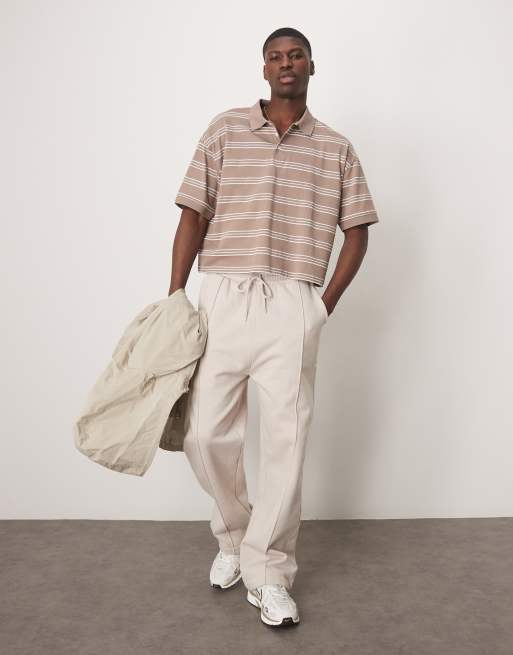 ASOS DESIGN cropped oversized polo shirt in beige stripe