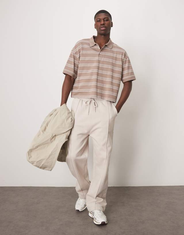 ASOS DESIGN cropped oversized polo shirt in beige stripe | ASOS