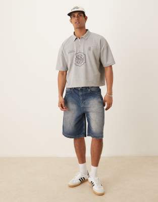 Asos Design Cropped Oversized Polo Shirt In Gray