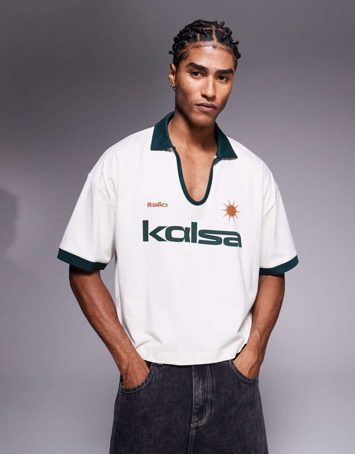 ASOS DESIGN cropped oversized polo with chest embroidery and contrast collar in cream