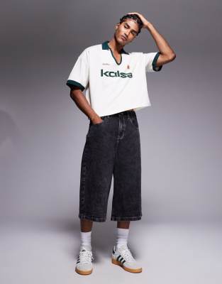 Asos Design Cropped Oversized Polo With Chest Embroidery And Contrast Collar