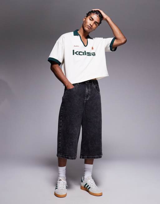ASOS DESIGN cropped oversized polo with chest embroidery and contrast collar in cream