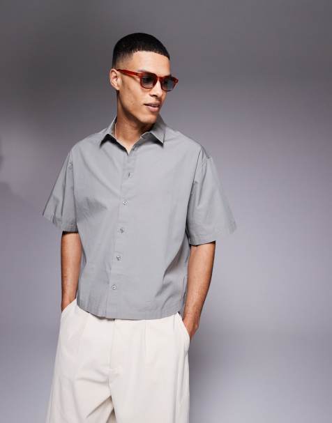 ASOS DESIGN cropped oversized poplin shirt in grey - view 1