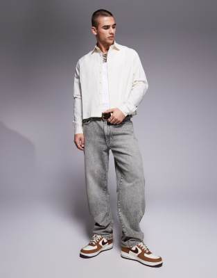ASOS DESIGN cropped oversized poplin shirt in stone