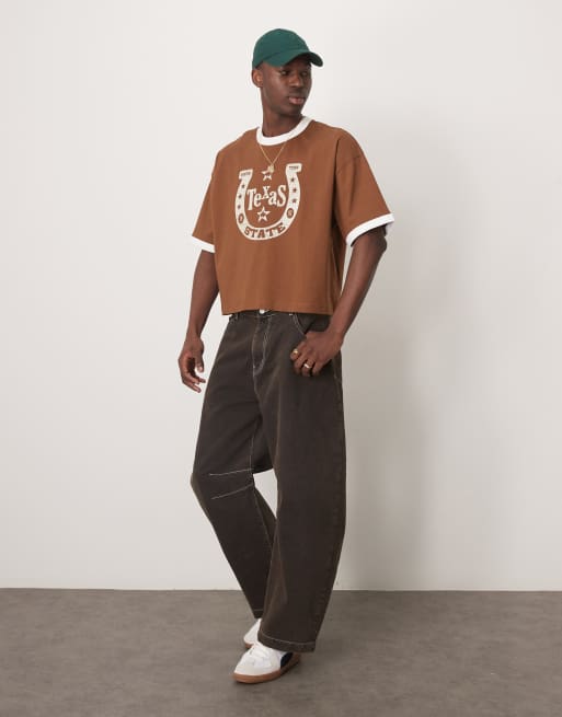 ASOS DESIGN cropped oversized ringer T-shirt with western graphic in brown
