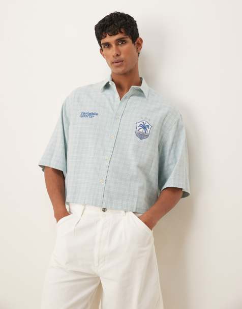 ASOS DESIGN cropped oversized shirt in blue check - view 1
