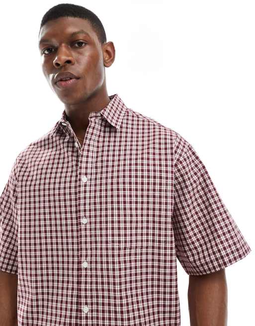 ASOS DESIGN cropped oversized shirt in burgundy check
