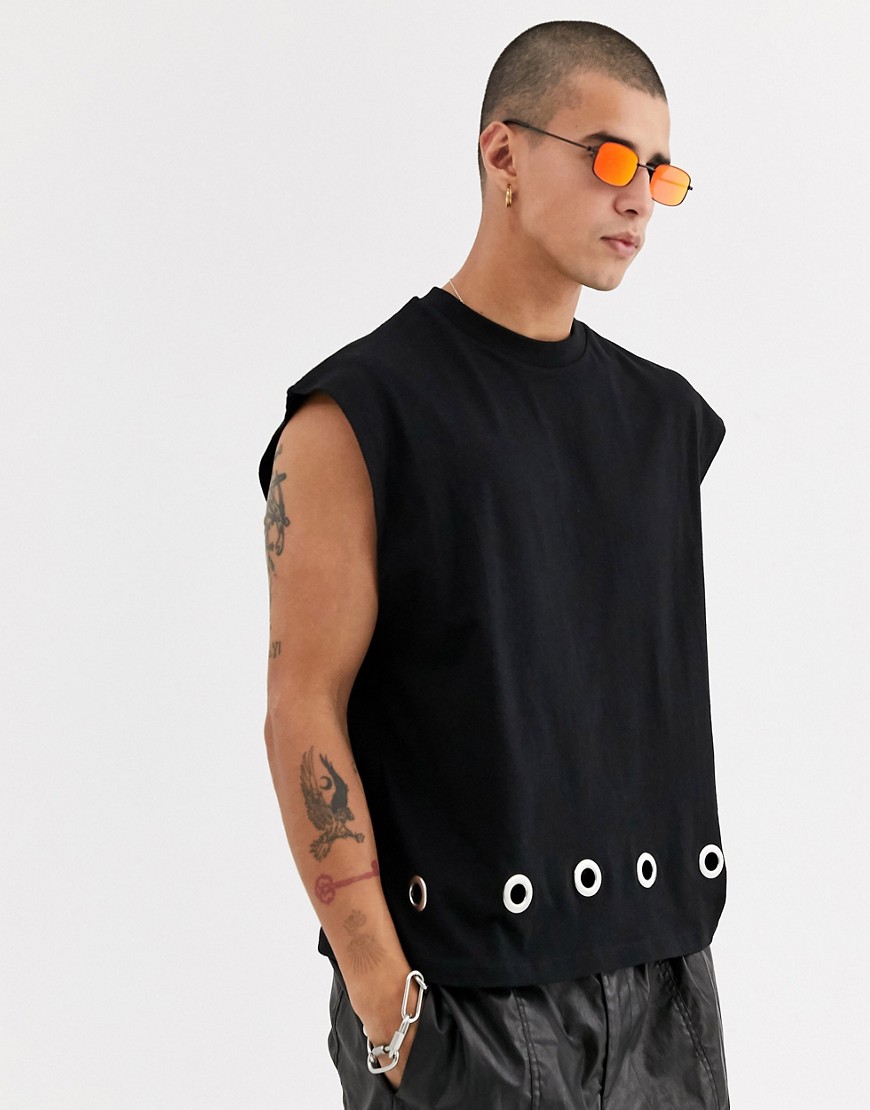 ASOS DESIGN cropped oversized sleeveless t-shirt with eyelet detail-Black